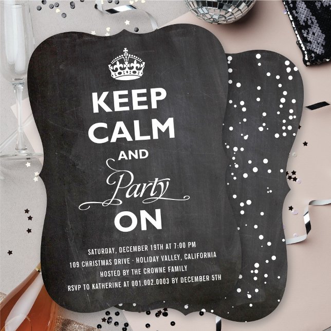 Behålla Lugn och Party på den kalkbräda-udda Helgd Inbjudningar (Keep Calm And Party On Chalkboard Funny Holiday Invitation @ fat_fa_tin)