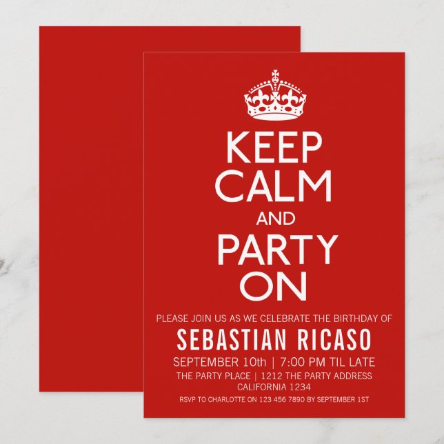 Behålla Lugn och Party på Inbjudningar (Fram/baksida)