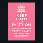 Behålla Lugn och Party på Sweet sixteen födelsedag Inbjudningar<br><div class="desc">Behålla lugn och party med den här svensken 16 Födelsedagsfest inbjudan. Baserat på den klassiska propagandan "Keep Calm and Carry On" poster. Enkel och ren rosa. Du kan ändra bakgrunden i färg genom att "anpassa", välja "redigera" och rulla nedåt och välja "bakgrund". Ursprunglig illustration efter pj_design. Anpassa med din egen...</div>