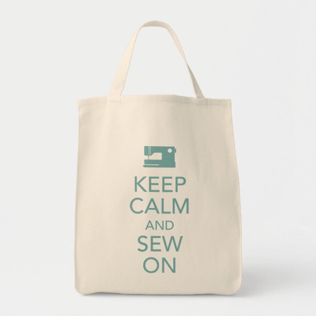 Behålla Lugn och Sew On Teal Tote Bag Tygkasse (Framsidan)