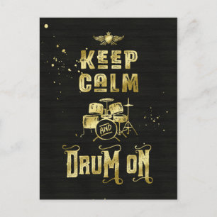Behålla Lugn och trumma på Guld Grunge Typografi Vykort
