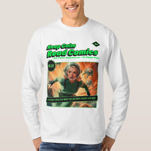 Behålla Lugn Space Girl Retro Tecknad Bok Långärma T Shirt (Framsida)