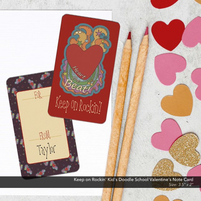 Behålla på Rockin' Barn Doodle School Valentines Anteckningskort (Heart the Beat and Keep on Rockin' Doodle Art Kid's School/Classroom Valentine's Day Card)