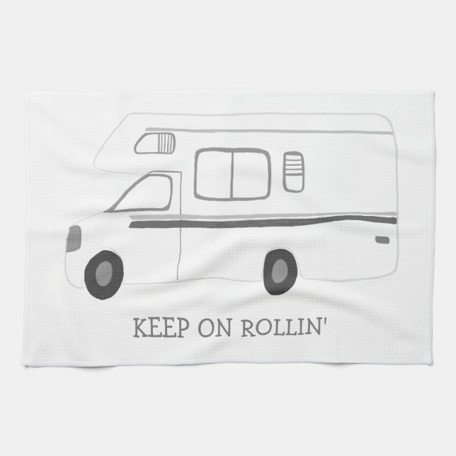 BEHÅLLA PÅ ROLLIN Retro Camper Motorhome RV B&W Kökshandduk (Horisontell)