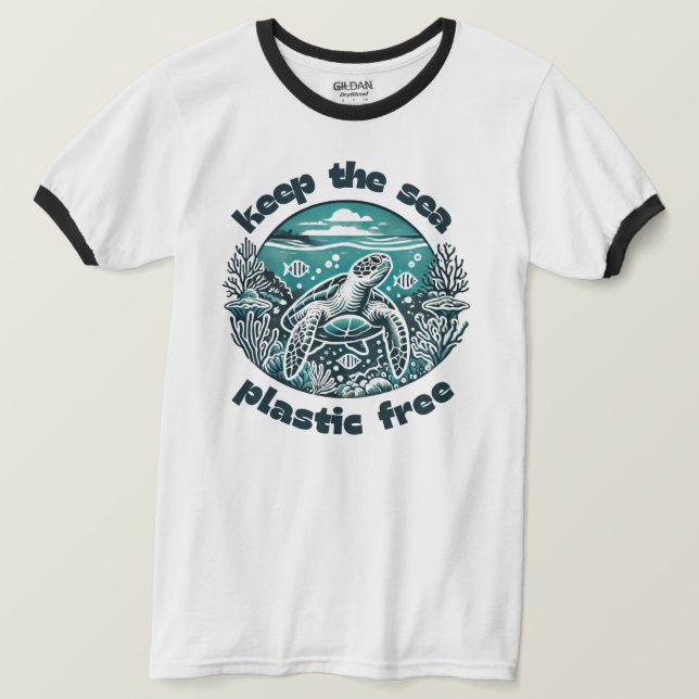 Behålla Sea Plastic Free Ocean Life Ringer Tee (Design framsida)