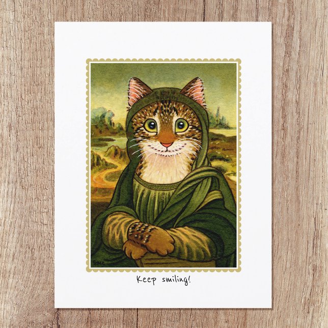 Behålla Smilda Cute Mona Lisa Cat Anpassningsbar Vykort (Skapare uppladdad)