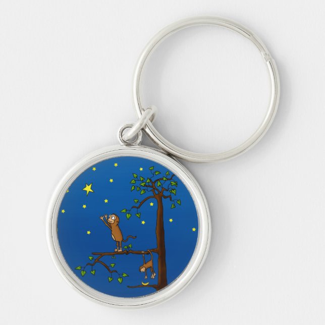 Behålla som ner apan Keychain Rund Silverfärgad Nyckelring (Framsidan)