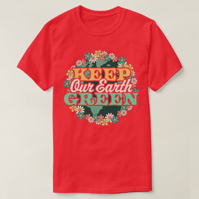 Behålla Vår Grönt Retro Daisy Flower Blommigt Öar T Shirt (Design framsida)