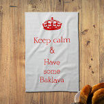 behållans lugn - Baklava Kökshandduk<br><div class="desc">"Behålla lugn and have some baklava" En humoristisk textdesign tryckt på en kökshandduk. Ge den till någon som har det här nöt-fyllda Mittet Östra-filé. Alma Wad skapat designen.</div>