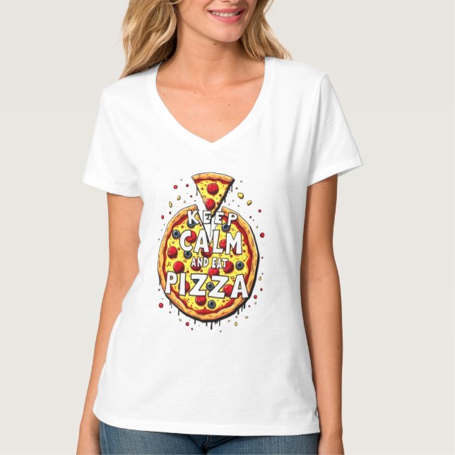 Behållans Lugn och Eat Pizza: Perfektens utformnin T Shirt (Framsida)
