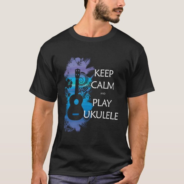Behållans Lugn och spela Ukulele-stamfärgad T Shirt (Framsida)