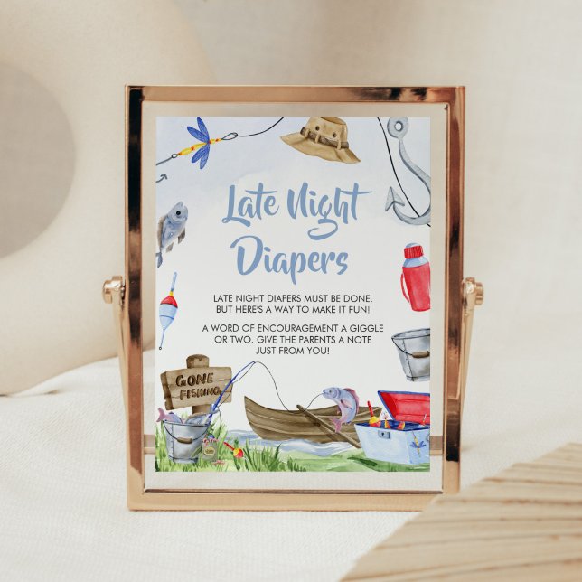 Behållare för fiske, babyskor, sena nattblöjor poster (Little Fisherman Baby Shower Late Night Diapers Sign)