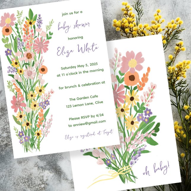 Behållare för handmålad Anpassningsbar för babyklä Inbjudningar (Wildflowers Bouquet Handpainted Custom Baby Shower Invitation
)