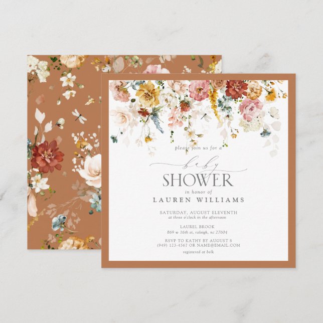 Behållare för inbränd Orange, Blommigt, listruta Inbjudningar (Fram/baksida)