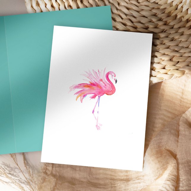 Behållarkort för Rosa av vattenfärg i Flamingo-gåv Helgkort (folded notecard watercolor pink flamingo on white background blank inside art Victoria Grigaliuanas)