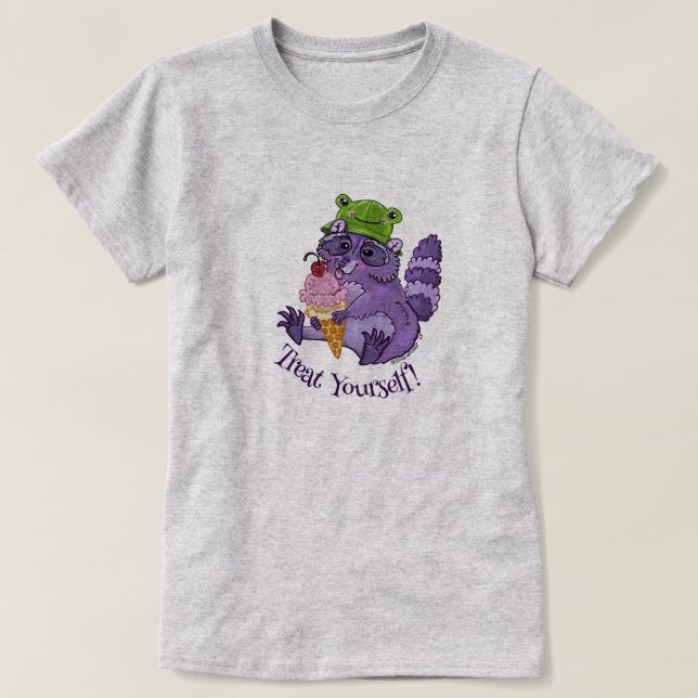 Behandla dig själv, Lila Raccoon med Glass T Shirt (Design framsida)