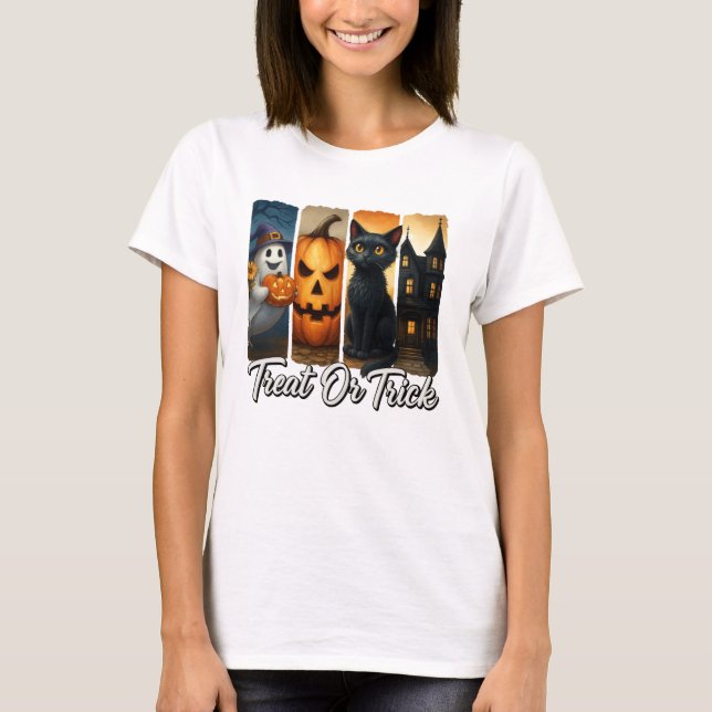 Behandla eller Trick Halloween Black Cat T Shirt (Framsida)