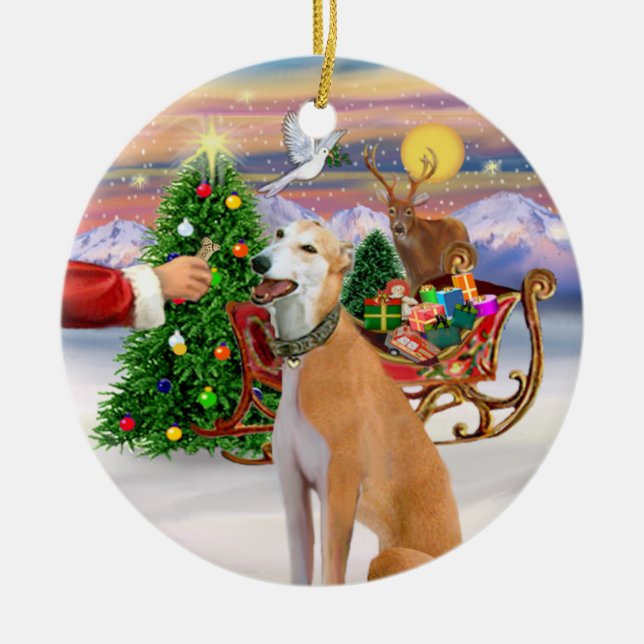 Behandla en lätt röd greyhound julgransprydnad keramik (Framsidan)