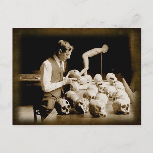 Behandlade mänskliga döskallar vykort (Framsida)