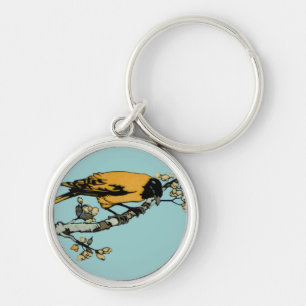 Behandling av Gult Vintage Bird Illustration Rund Silverfärgad Nyckelring