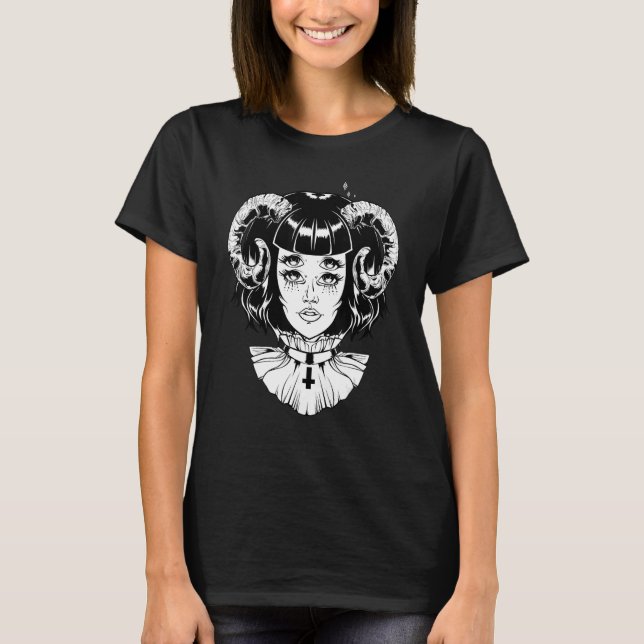 Behörnad Djävul Satanisk Halloween Glitch Goth Emo T Shirt (Framsida)