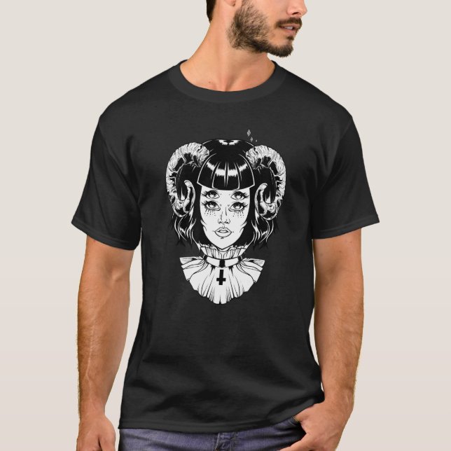 Behörnad Djävul Satanisk Halloween Glitch Goth Emo T Shirt (Framsida)