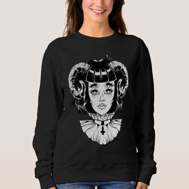 Behörnad Djävul Satanisk Halloween Glitch Goth Emo T Shirt (Framsida)