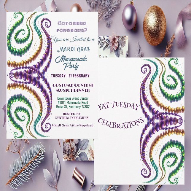 Behov av Pärlor Mardi Gras Färg Masquerae Party Inbjudningar (Need for Beads Mardi Gras Colors Masquerade Party Invitation)