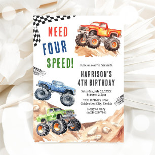 Behöver Four Speed Monster Truck Pojke 4-årsdag Inbjudningar