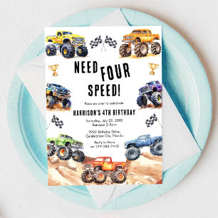 Behöver Four Speed Monster Truck Pojke 4-årsdag Inbjudningar