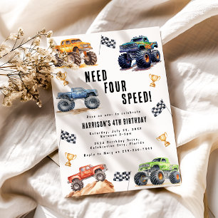 Behöver Four Speed Monster Trucks 4-års födelsedag Inbjudningar