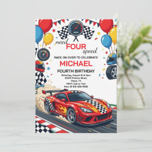 Behöver Four Speed Röd Racingbil 4-års Födelsedags Inbjudningar