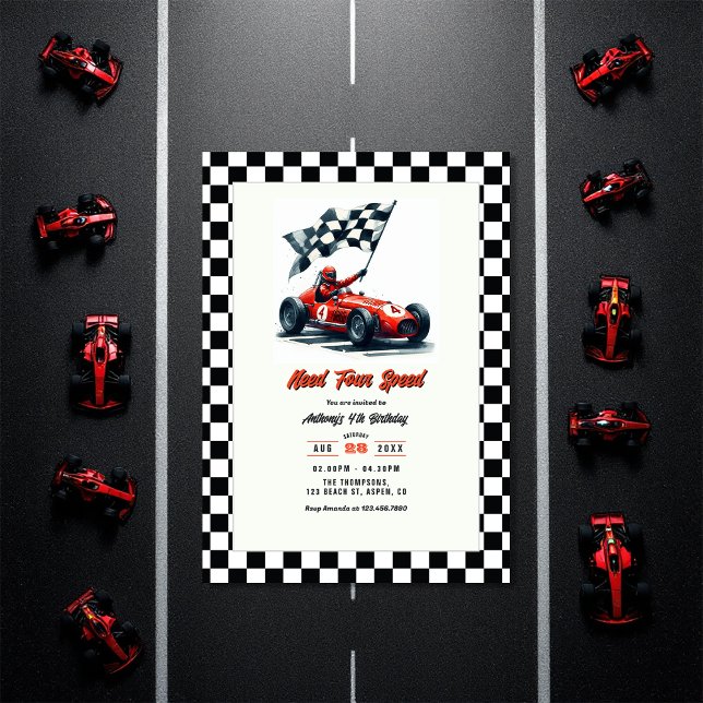 Behöver fyra hastigheter för Tävling-bilen 4e föde Inbjudningar (Need Four Speed Race Car 4th Birthday Party Invitation)