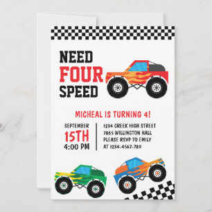 Behöver fyra hastighetsmonster Truck Race Car 4:e Inbjudningar