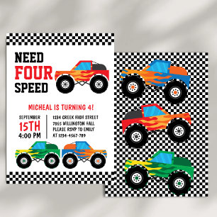 Behöver fyra hastighetsmonster Truck Race Car 4:e Inbjudningar