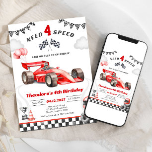 Behöver Fyrväxlad Racingbil Pojke 4-årsdag Inbjudningar