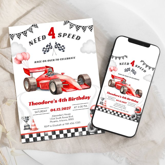 Behöver Fyrväxlad Racingbil Pojke 4-årsdag Inbjudningar (Skapare uppladdad)