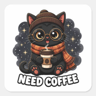 Behöver Kaffe Söt Svart Katt Vintage Kaffeälskare Fyrkantigt Klistermärke