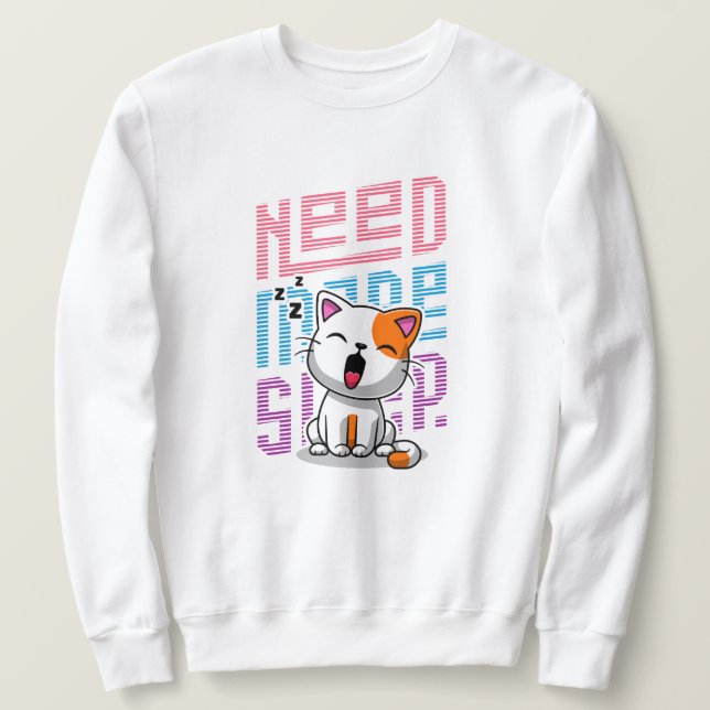Behöver mer strömsparläge | Funny Cat söt yawn-utt Lång Ärmad Tröja (Design framsida)