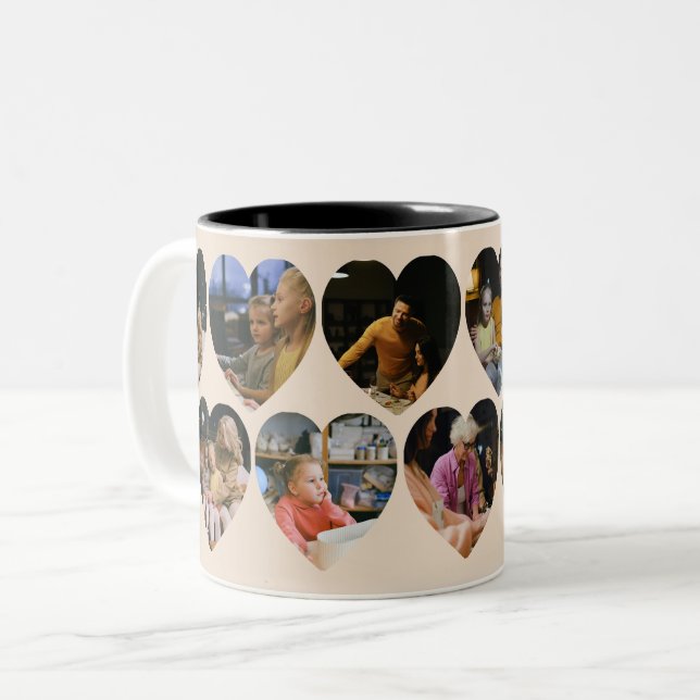 Beig fotokollage-mugg med hjärtramar Två-Tonad mugg (Framsida vänster)