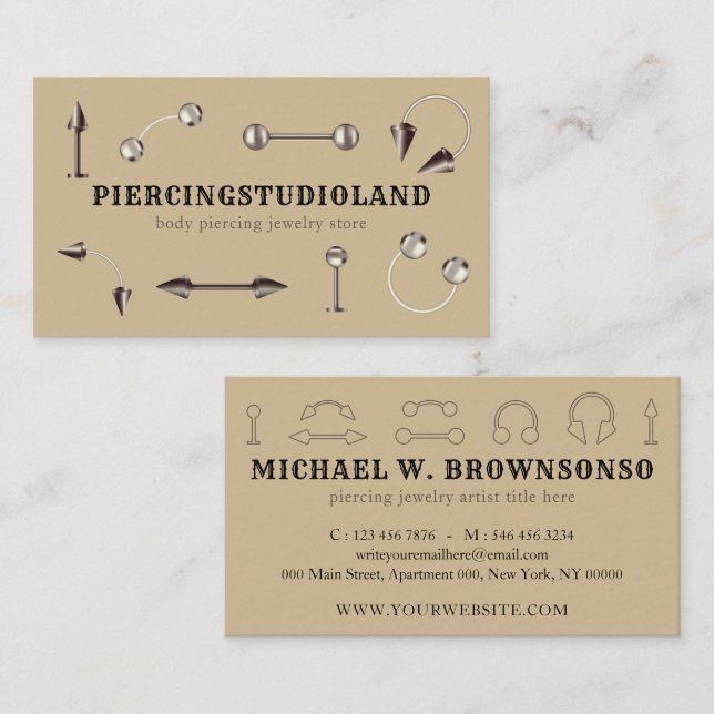 Beig minimalistisk piercingstudio smycken visitkort (Fram/baksida)