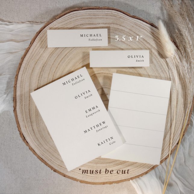 Beiga namnlappar för menyer till bröllop 3,5x1 sma (Light beige DIY wedding name tags shown uncut, front and back layout on 3.5 x 5 cards)