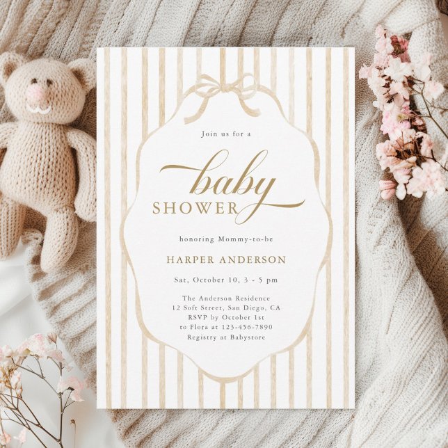 Beiga ränder med skulpterad ram Baby Shower  Inbjudningar (Skapare uppladdad)