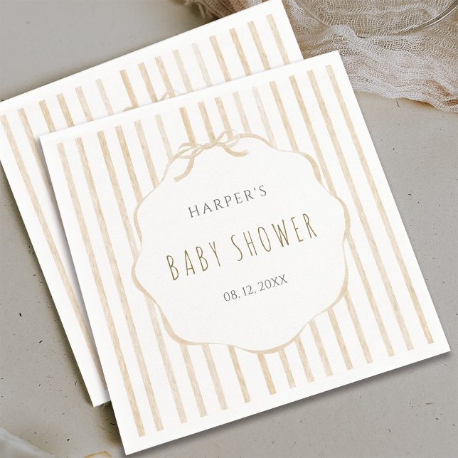Beiga ränder med skulpterad ram Baby Shower Pappersservett (Skapare uppladdad)