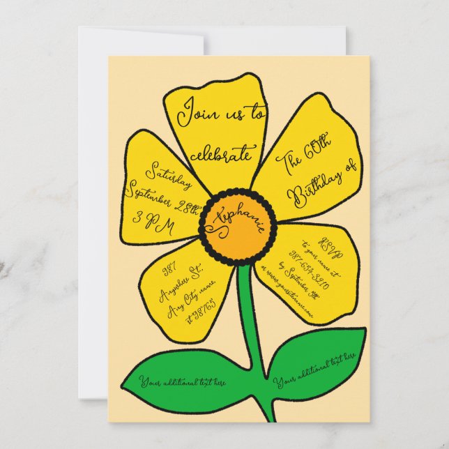 Beige 60:e födelsedagen Guld Doodle Flower Inbjudningar (Framsida)