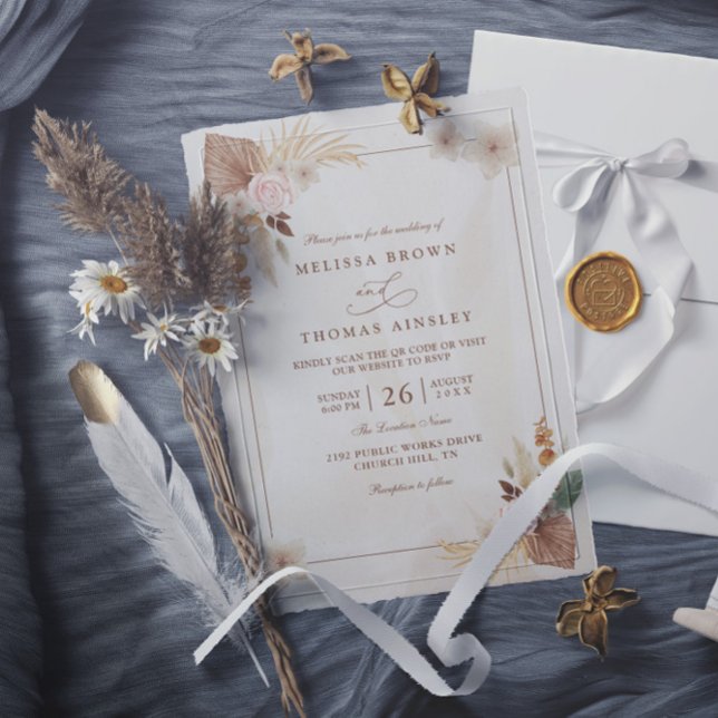 Beige akvarell boho blommor QR-kod bröllop Inbjudningar (Skapare uppladdad)