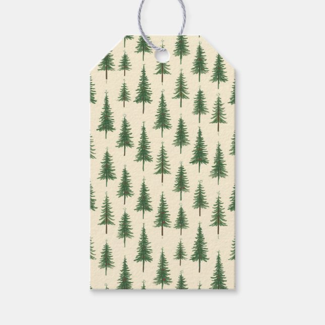 Beige akvarell julgranar jul presentetikett (Framsidan)