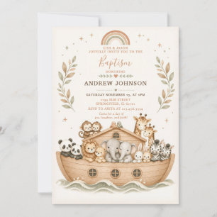 Beige akvarell Noas ark dop dopinvigning Inbjudningar