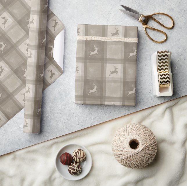 Beige akvarellstruktur Plaid och hjort jul Presentpapper (Hantverk)