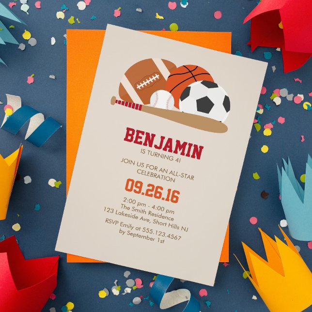 Beige All Star Sports Födelsedagsfest Inbjudningar (Skapare uppladdad)